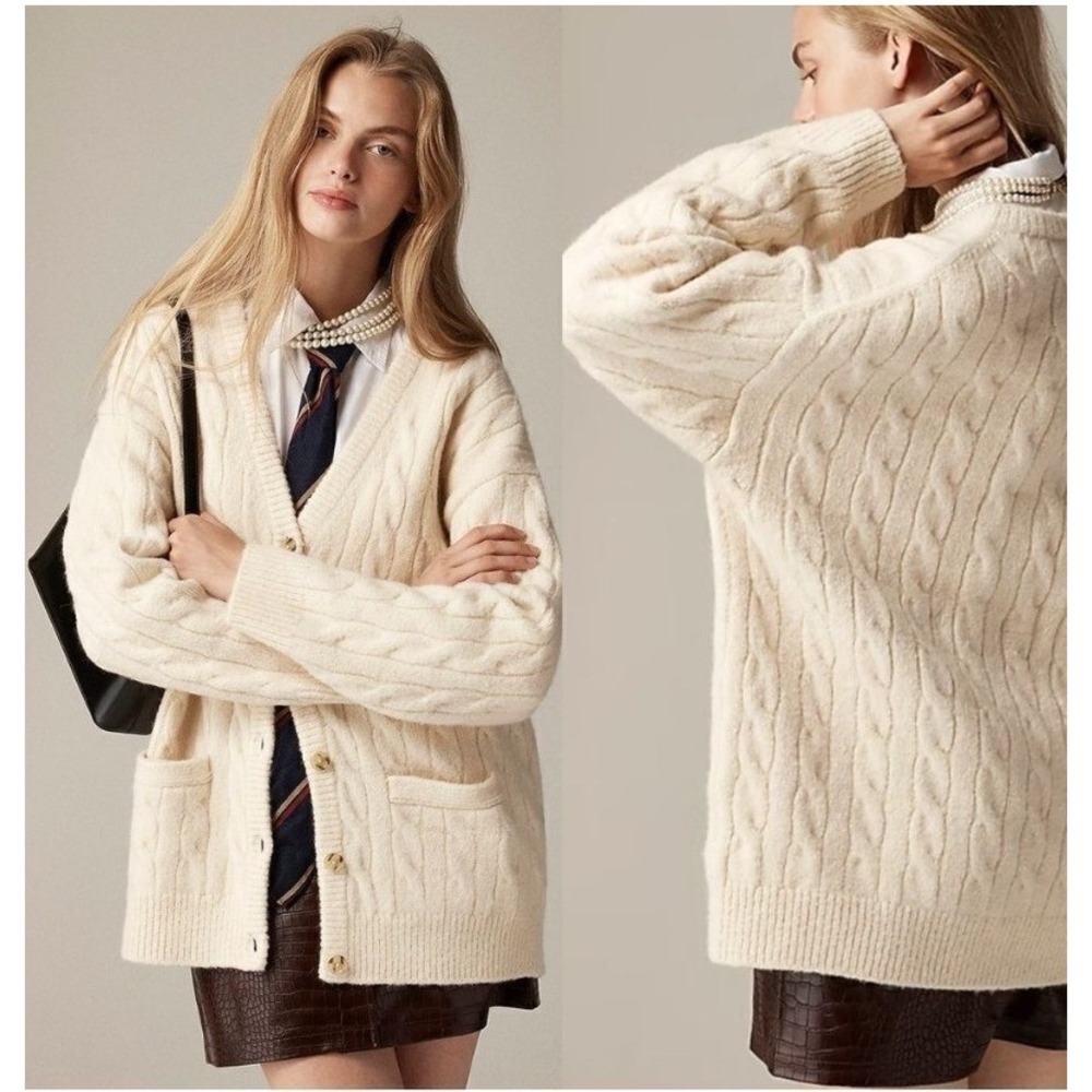 J.Crew Ivory Cable Knit Oversized Cardigan Sweater Merino Alpaca CB936 M-L
